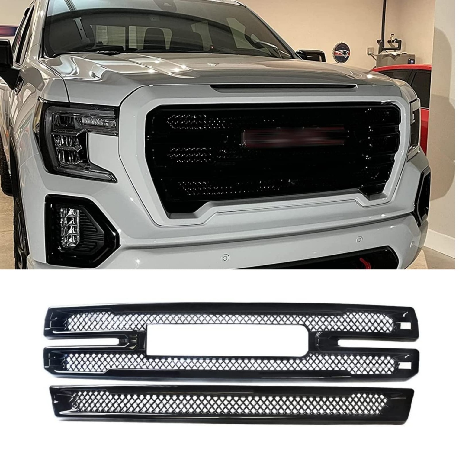 2022 gmc sierra accessories Bulan 1 Grill Fit For - GMC Sierra  SLT AT Front Grille Cover Front  Bumper ABS Painted Overlay Trim Kit Sierra Accessories Exterior Gloss Black