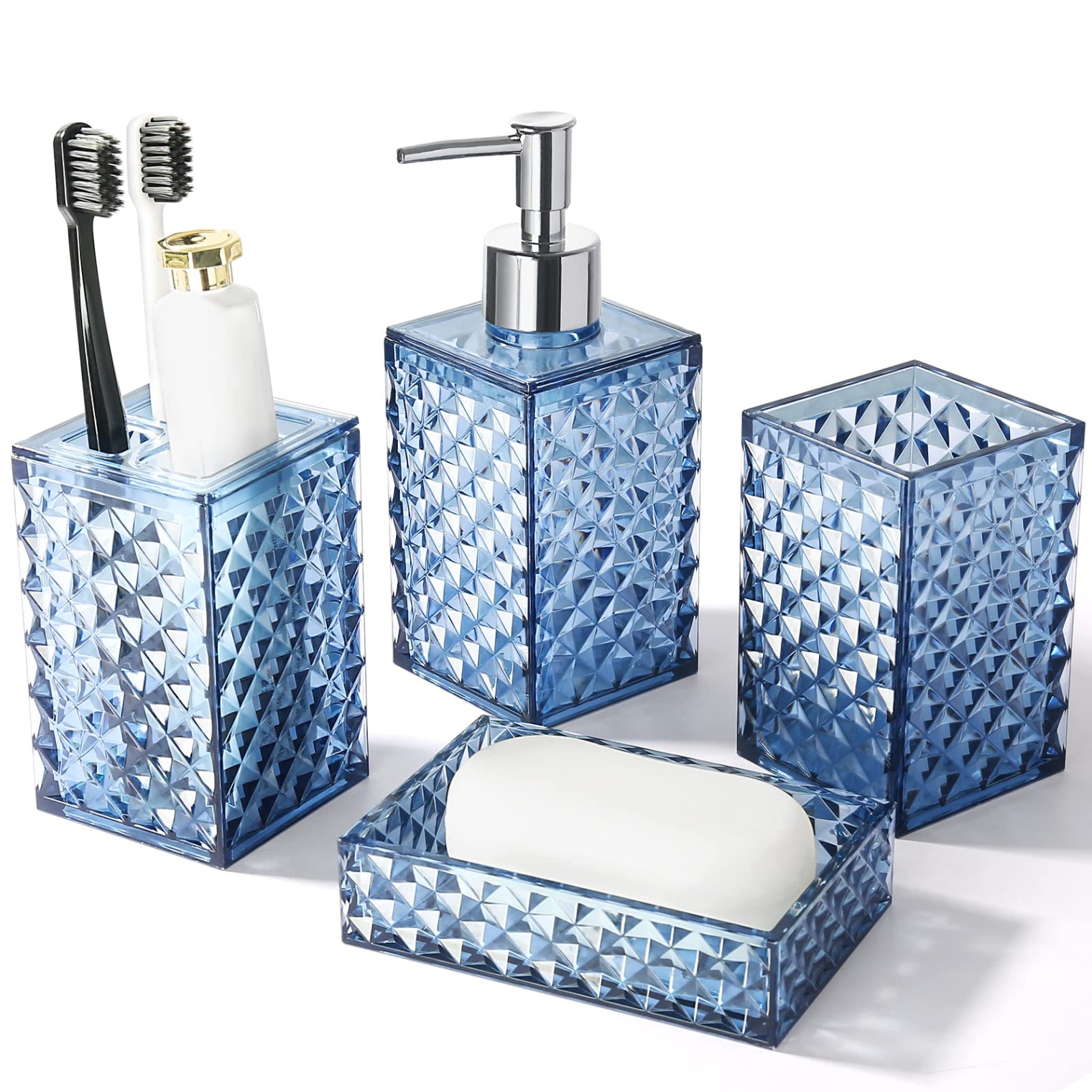 bathroom bath accessories Bulan 4 Bathroom Accessories Set,  Pack Blue Acrylic Bath Accessory Sets Complete,  Diamond Soap Dispenser and Toothbrush Holder Bathroom Counter Sink Set,