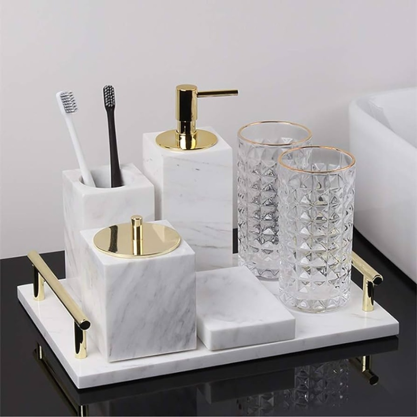 bathroom accessories set with tray Bulan 4 Marble Bathroom Accessory Set of  Piece  Soap Dispenser,Toothbrush  Holder, Tumbler,Soap Dish ，Cotton Swab Box & Tray  High Class Home Decor  Gift