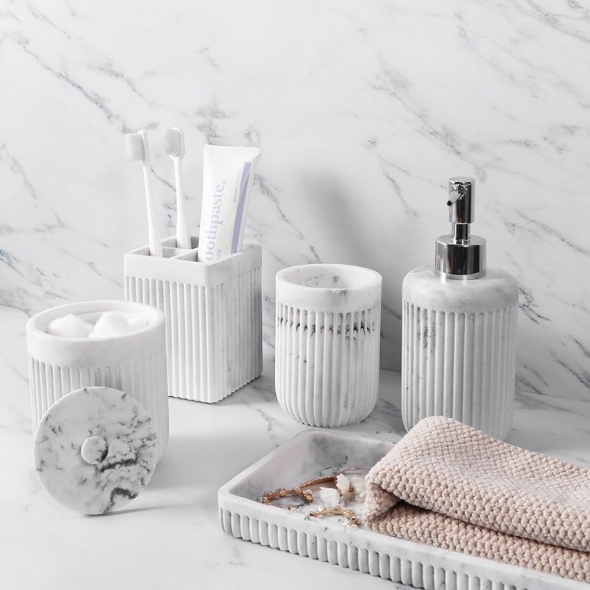 bathroom accessories set with tray Bulan 4 Resin Matte Marble Bathroom Accessories Set  Pcs, Lotion Soap Dispenser  Toothbrush Holder Bathroom Tumbler Cotton Swab Jar and Multifunctional  Tray,