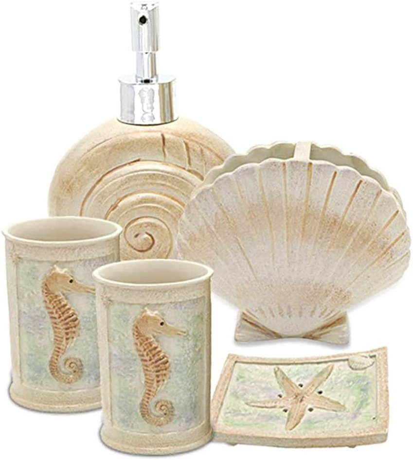 bathroom beach accessories Bulan 4 Set,  PCS Beach Seashells Ensemble Set Includs Soap Dispenser, Soap Dish,  Tumbler, Toothbrush Holder - Ivory Polyresin Set for Home, Office, Superior