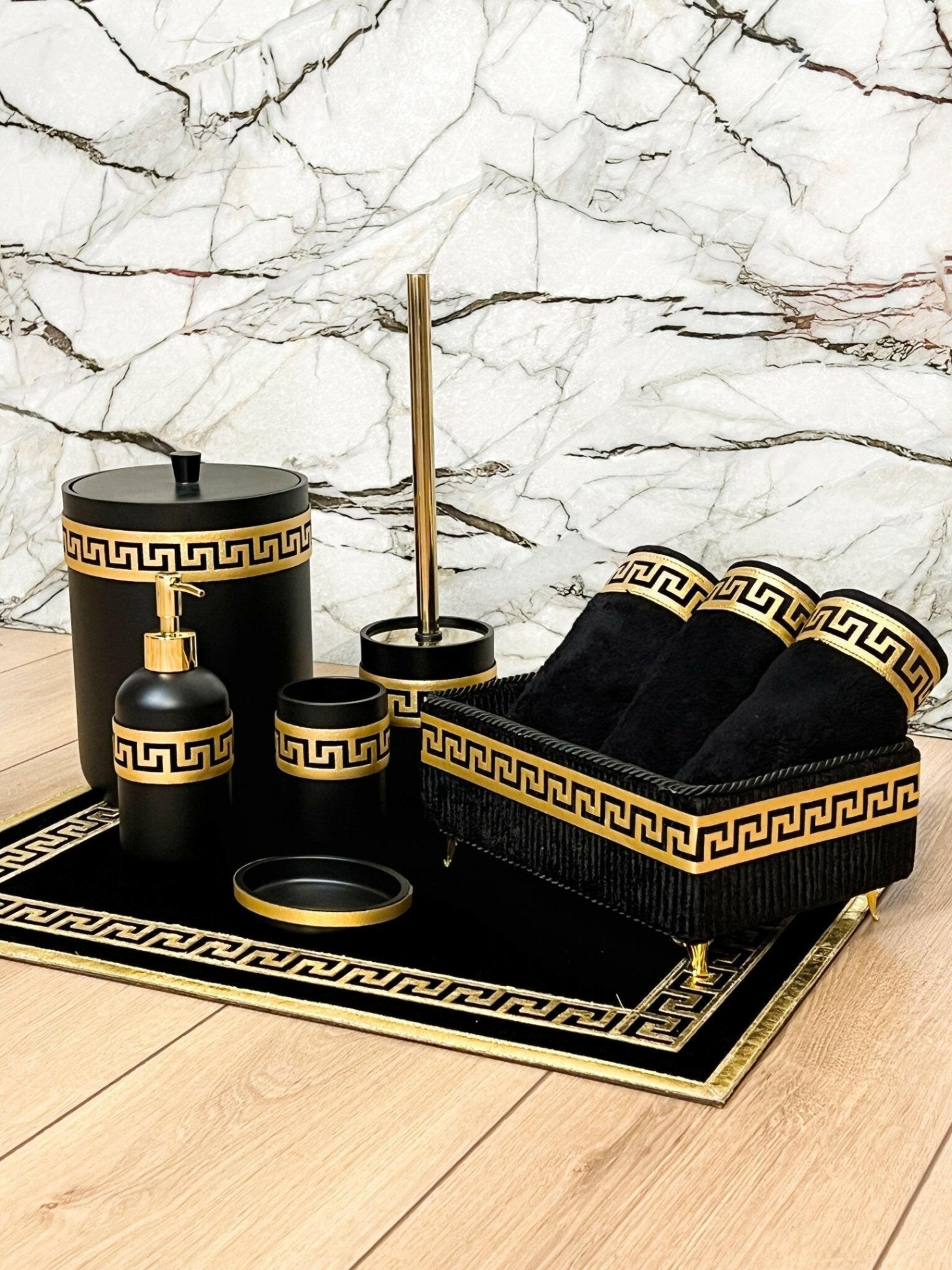 black and gold bathroom accessories Niche Utama Home Anka Greek Key Black & Gold Bathroom Accessory Set, Luxury Bath Decor