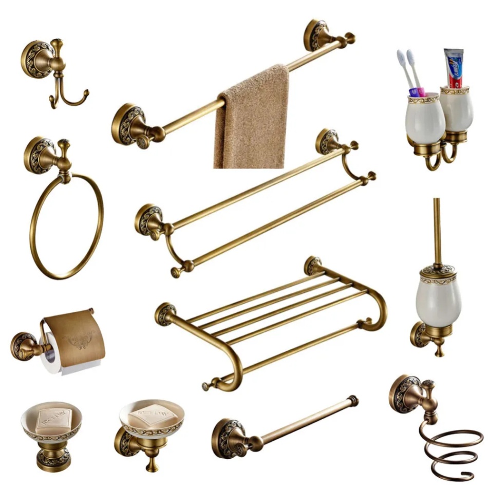 brass bathroom accessories Niche Utama Home Bathroom Accessories set Antique Brass Collection Carved Bathroom