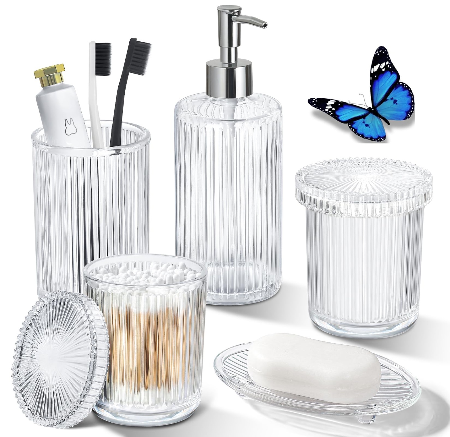 glass bathroom accessories Niche Utama Home Bathroom Accessories Set,  PCS Clear Glass Bath Accessory Sets Complete,  Ribbed Soap Dispenser and Toothbrush Holder Set with  Qtip Holders, Modern