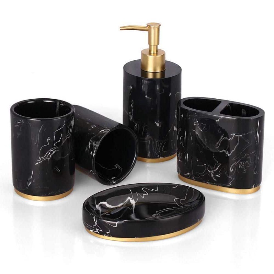 black and gold bathroom accessories Niche Utama Home Dracelo -Piece Bathroom Accessory Set with Dispenser Pump