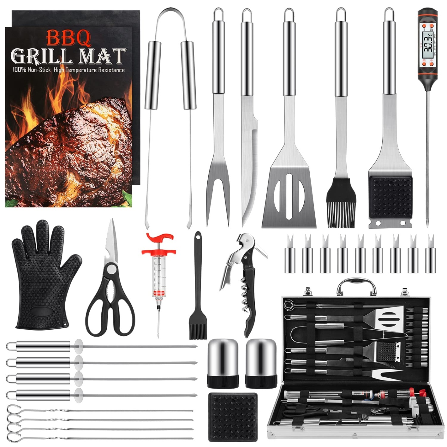 bbq accessories near me Niche Utama Home Grill Set BBQ Tools Grilling Tools Set Gifts for Men, PCS Stainless Steel  Grill Accessories with Aluminum Case,Thermometer, Grill Mats for