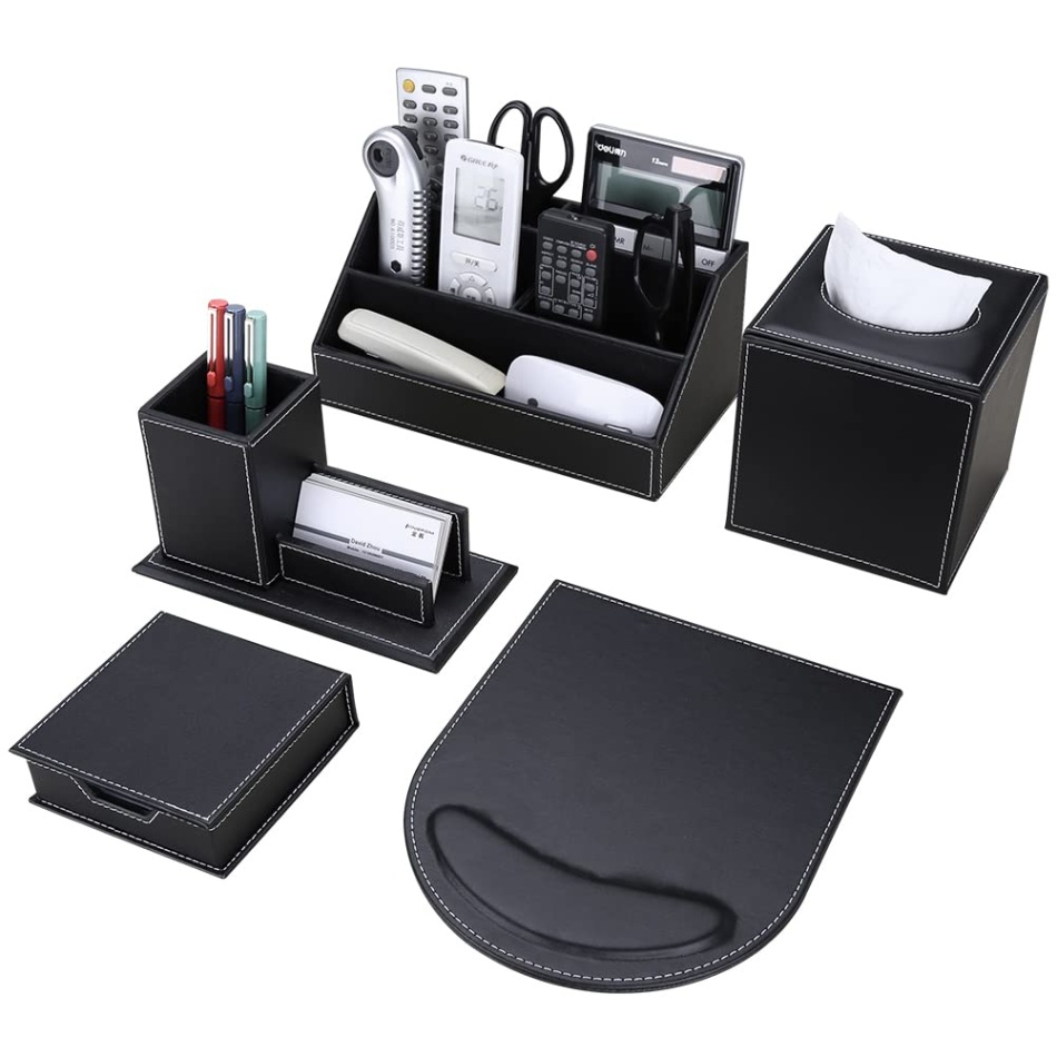 desk accessories for office Niche Utama Home KINGFOM PCS Desk Organizer and Accessories Set, Pu Leather Office Supplies  with Multifunction Desktop Organizer Storage Box, Tissue Holder, Mouse