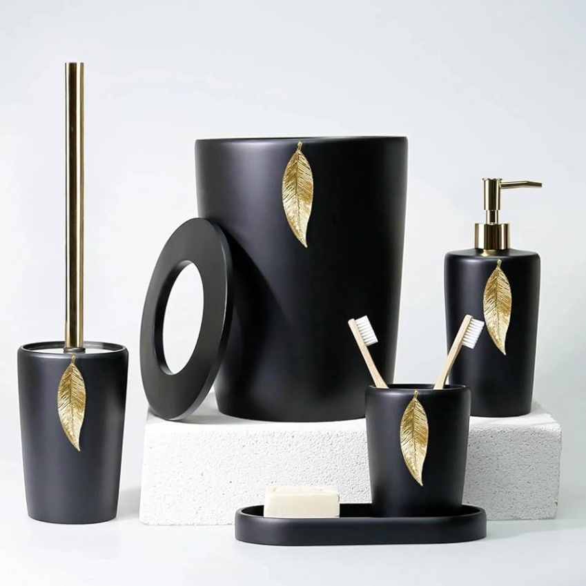 black and gold bathroom accessories Niche Utama Home Leaf Bathroom Set with  Pieces, Black-Gold