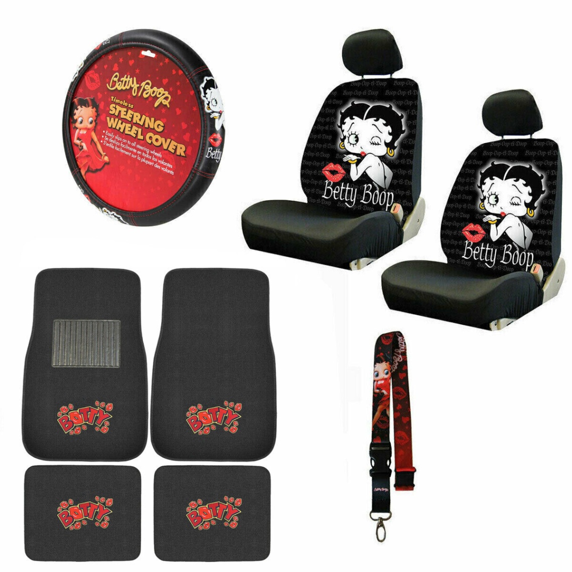 betty boop car accessories Niche Utama Home New pc Betty Boop Car Front Back Floor Mats Seat Covers & Steering Wheel  Cover