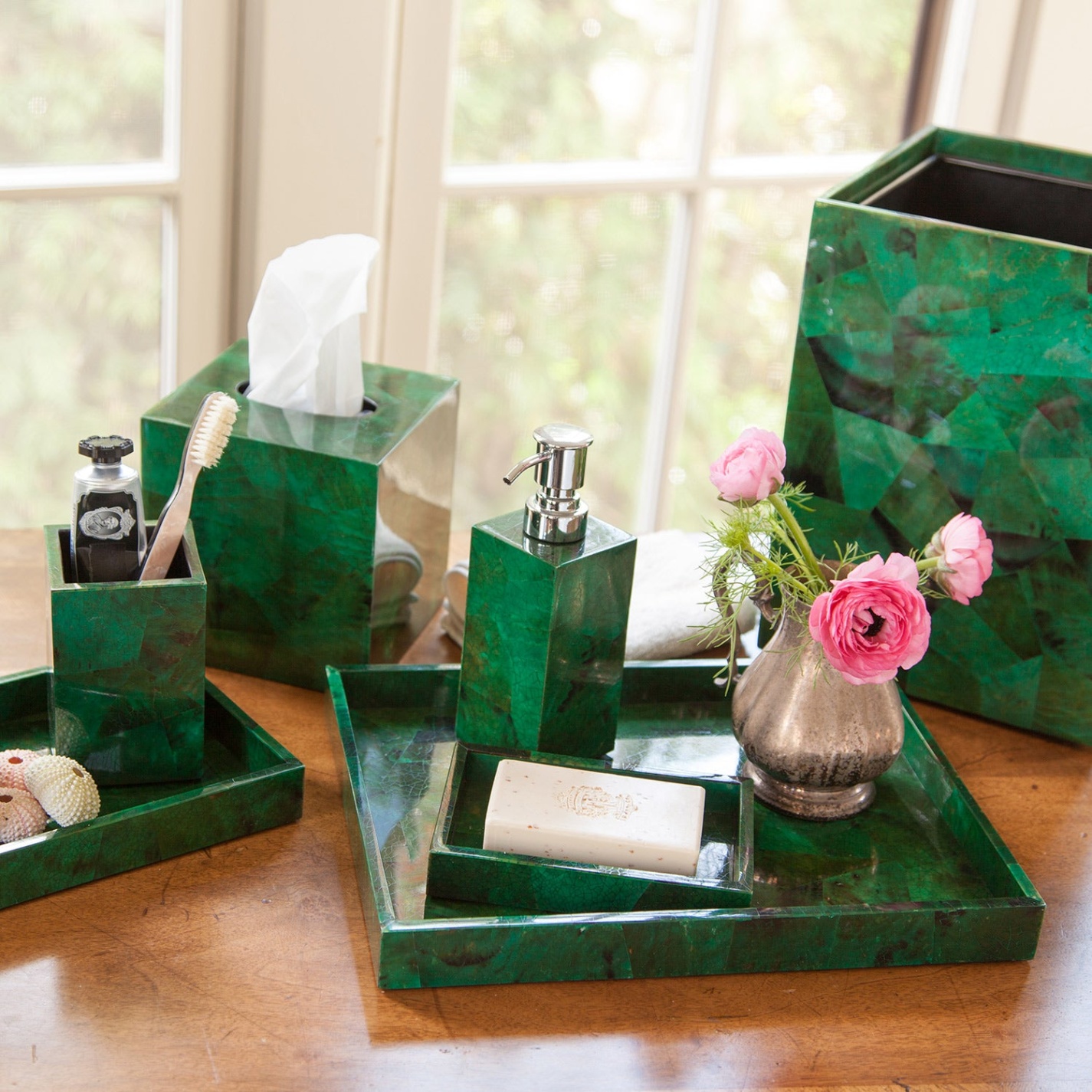 green bathroom accessories Niche Utama Home Palma Blvd Emerald Green Shell Bathroom Accessories