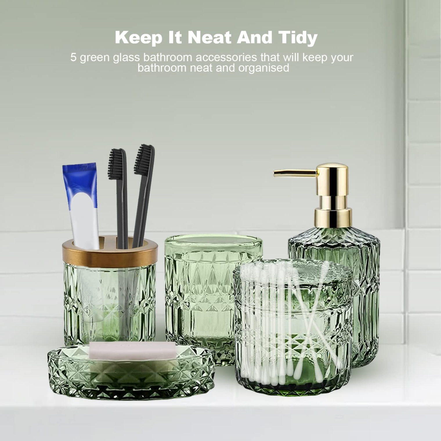 green bathroom accessories Niche Utama Home  Pcs Bathroom Accessories Set, Glass Bath Accessory Complete Set with  Lotion Dispenser, Cotton Swab Jars, Soap Dish, Tumbler and Toothbrush  Holder