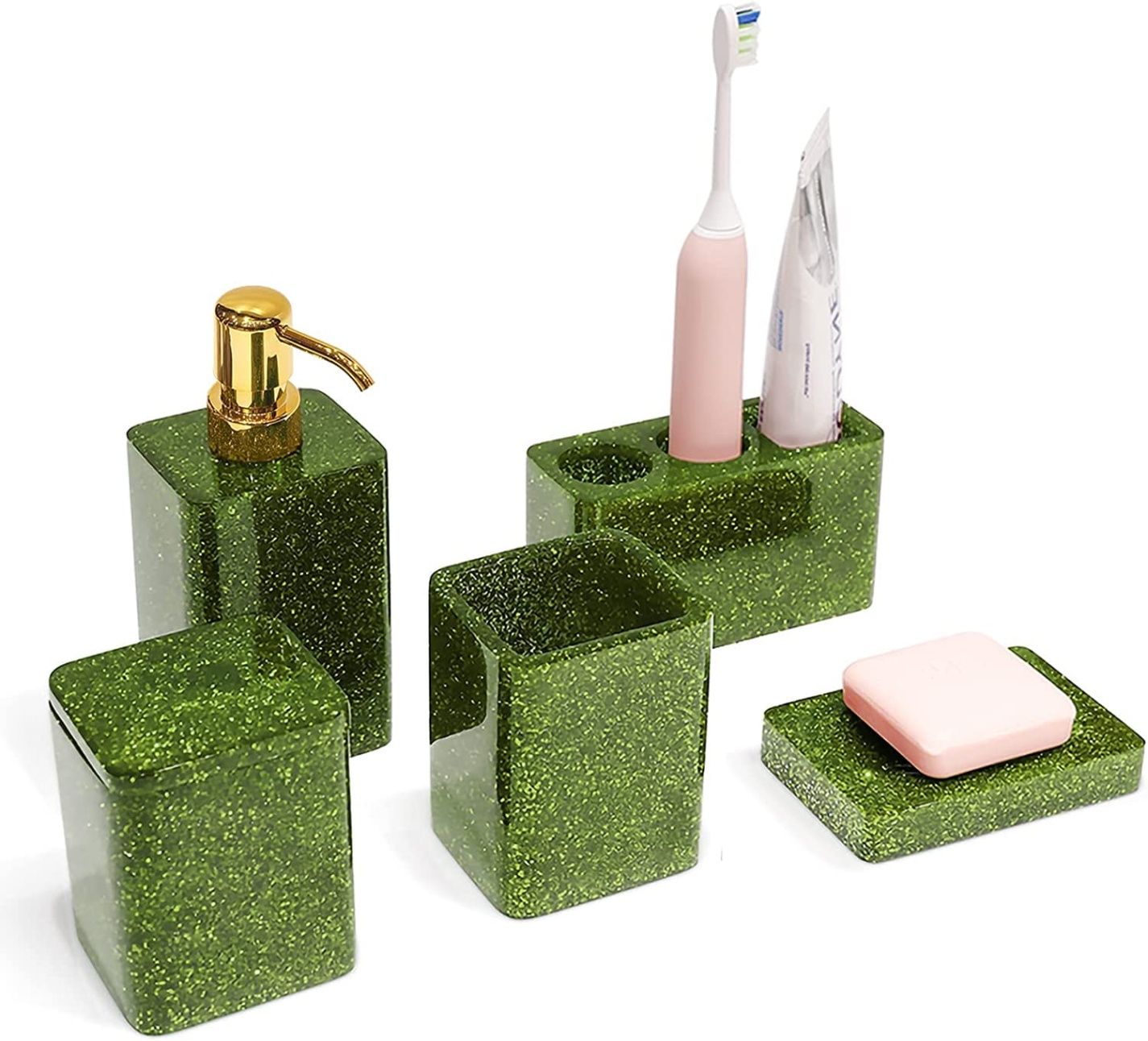 green bathroom accessories Niche Utama Home Pcs Bathroom Accessories Set,Green Bling Bathroom Decor Set Include Soap  Dispenser,Toothbrush Holder,Soap Dish,Qtip Holder,Tumbler,Premium Luxury