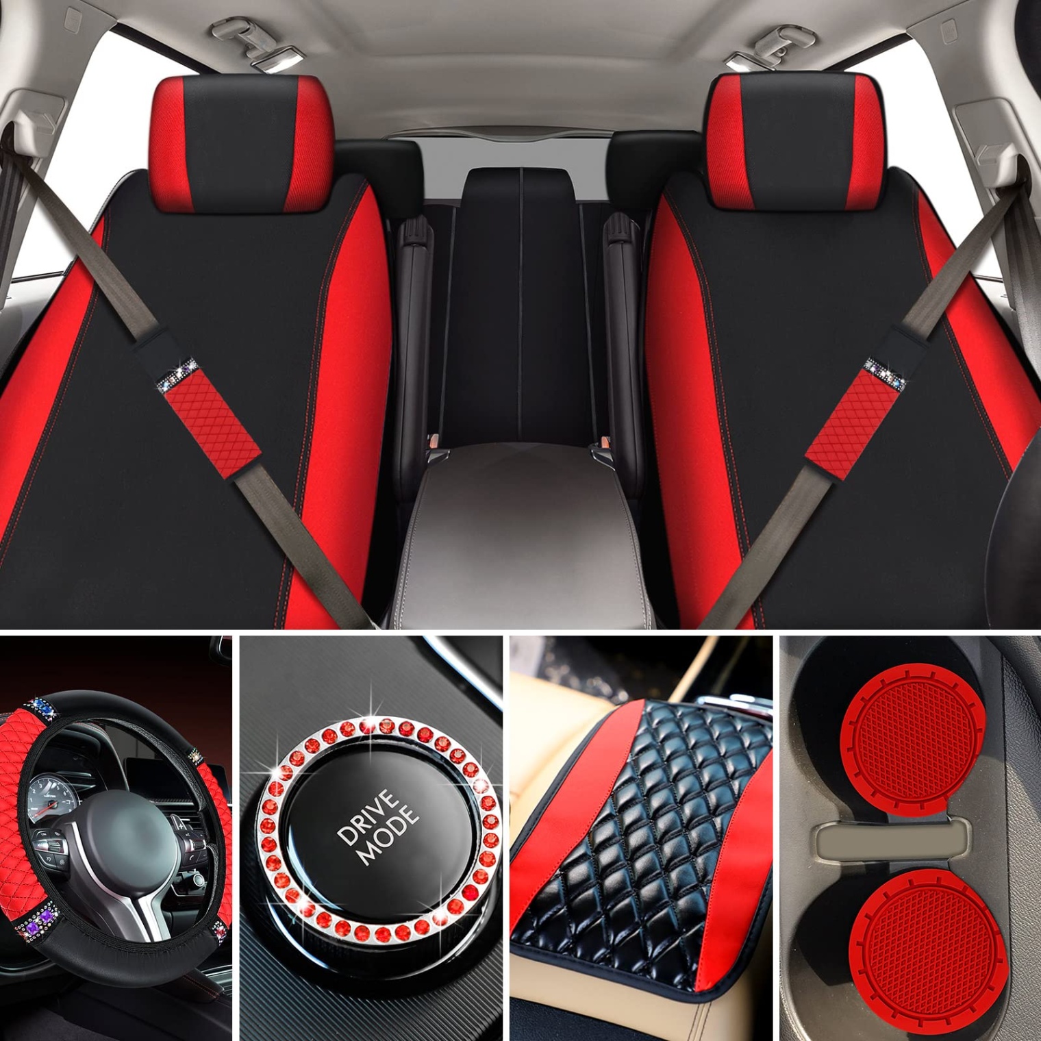 inside car accessories Niche Utama Home  Pcs Black Red Car Accessories Set for Women Leather Red Steering Wheel  Cover Seat Belt Shoulder Pad Armrest Cup Holders Covers Full Crystal Decor