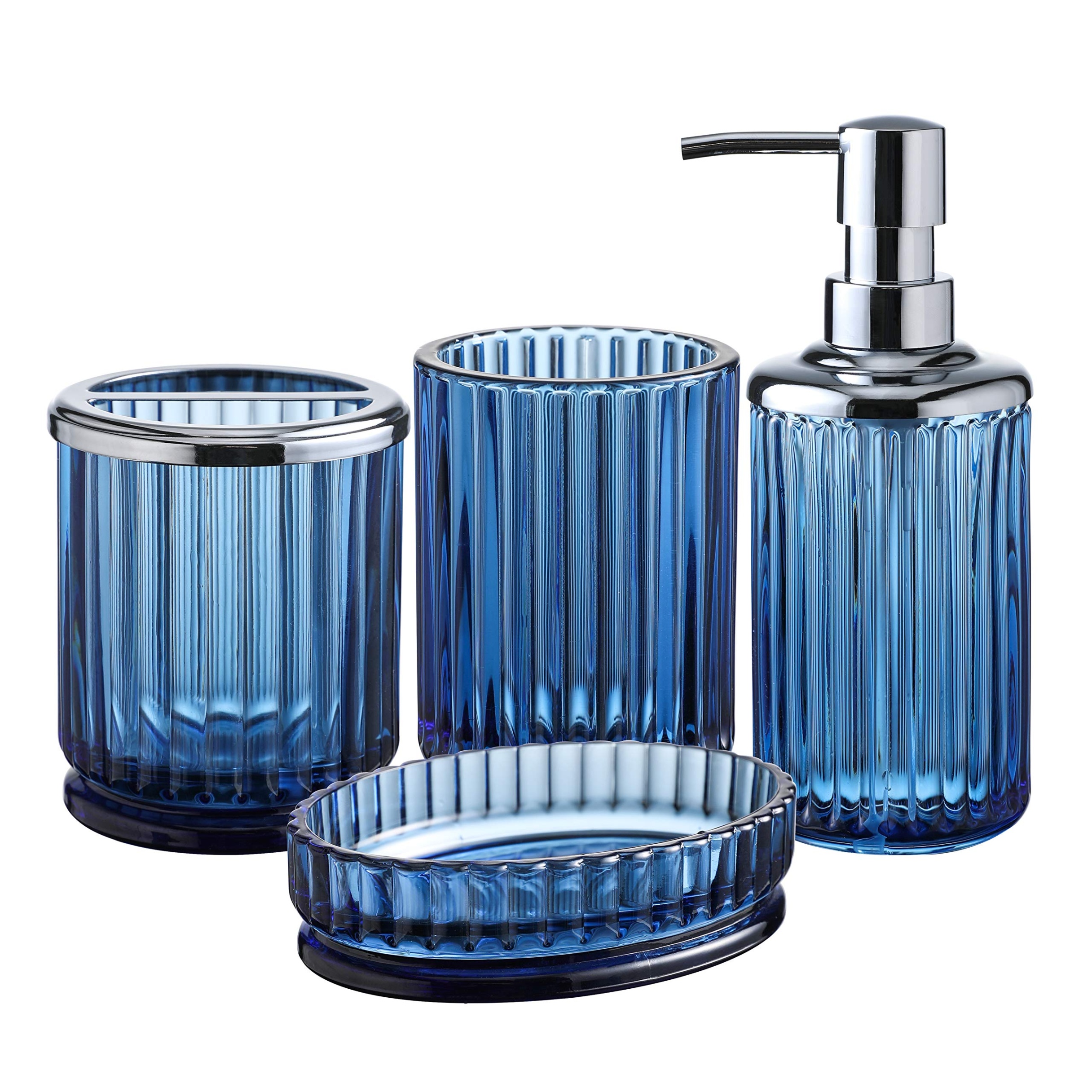 glass bathroom accessories Niche Utama Home PCs Heavy Weight Decent Blue Glass Bathroom Accessories Set with  Decorative Pressed Pattern - Includes Hand Soap Dispenser & Tumbler & Soap  Dish &