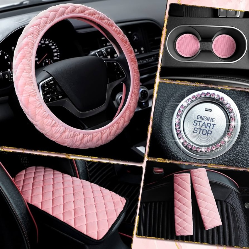 girly car accessories Niche Utama Home  Pcs Pink Cute Car Accessories Set Includes Fluffy Steering Wheel Cover   Pcs Seat Belt Shoulder Pads Auto Center Console Pad  Pcs Cup Holders  Pcs