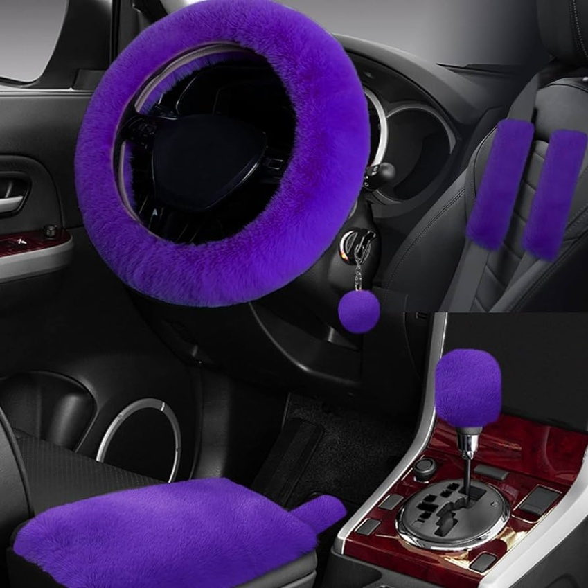 girly car accessories Niche Utama Home PCS Set car Interior Aesthetic Accessories, Fluffy  inch Steering Wheel  Cover, armrest pad, seat Belt Cover,Gear Shift Cover, Fit Girly car