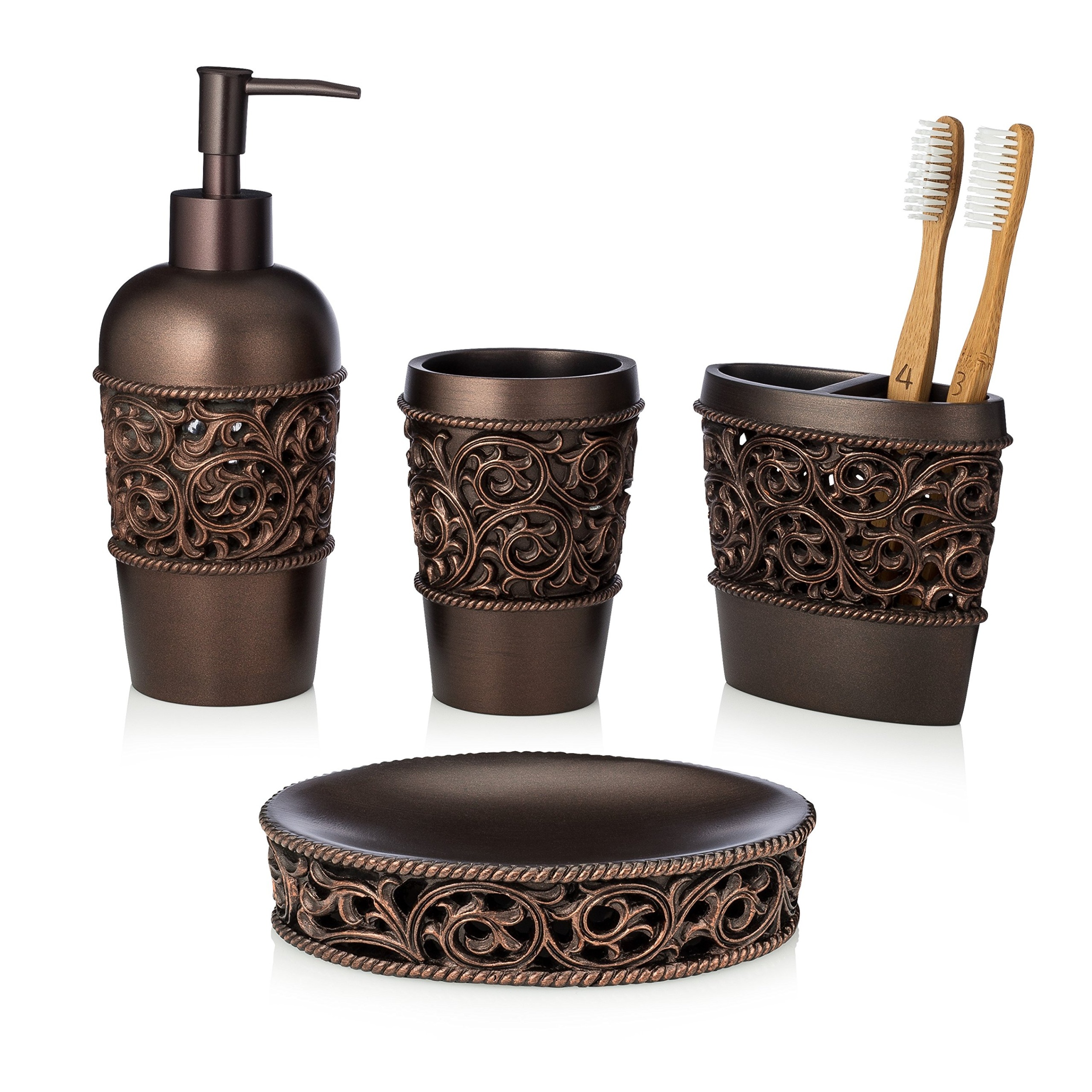 bronze bathroom accessories Niche Utama Home -Piece Bronze Bathroom Accessory Set, Complete Set Includes: Toothbrush  Holder, Lotion Dispenser, Tumbler and Soap Dish