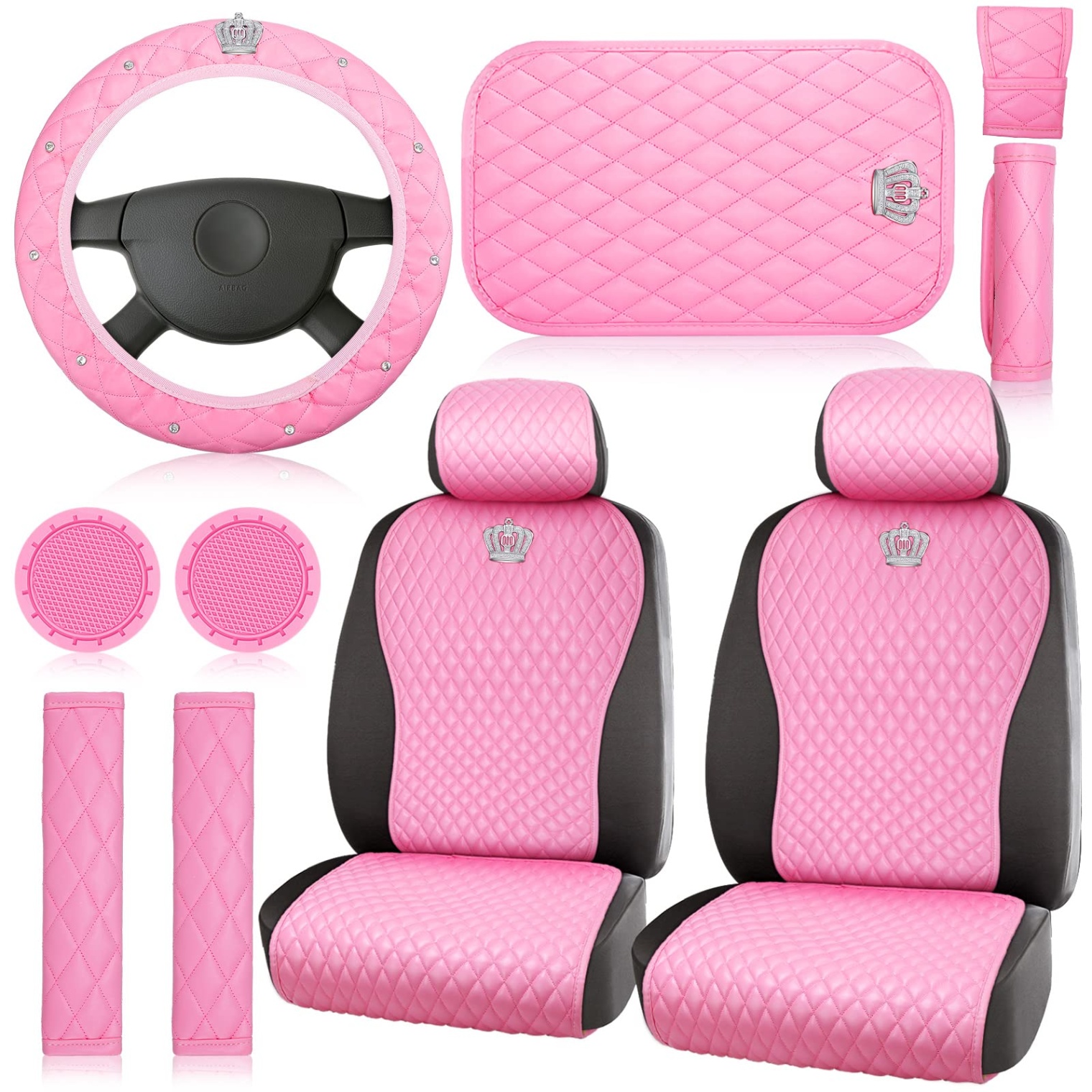 car seat accessories Niche Utama Home Pink Car Accessories Set Car Seat Covers Full Set Steering Wheel Cover  Headrest Cover with Center Console Pad Cup Holders Seat Belt Pads Gear  Cover