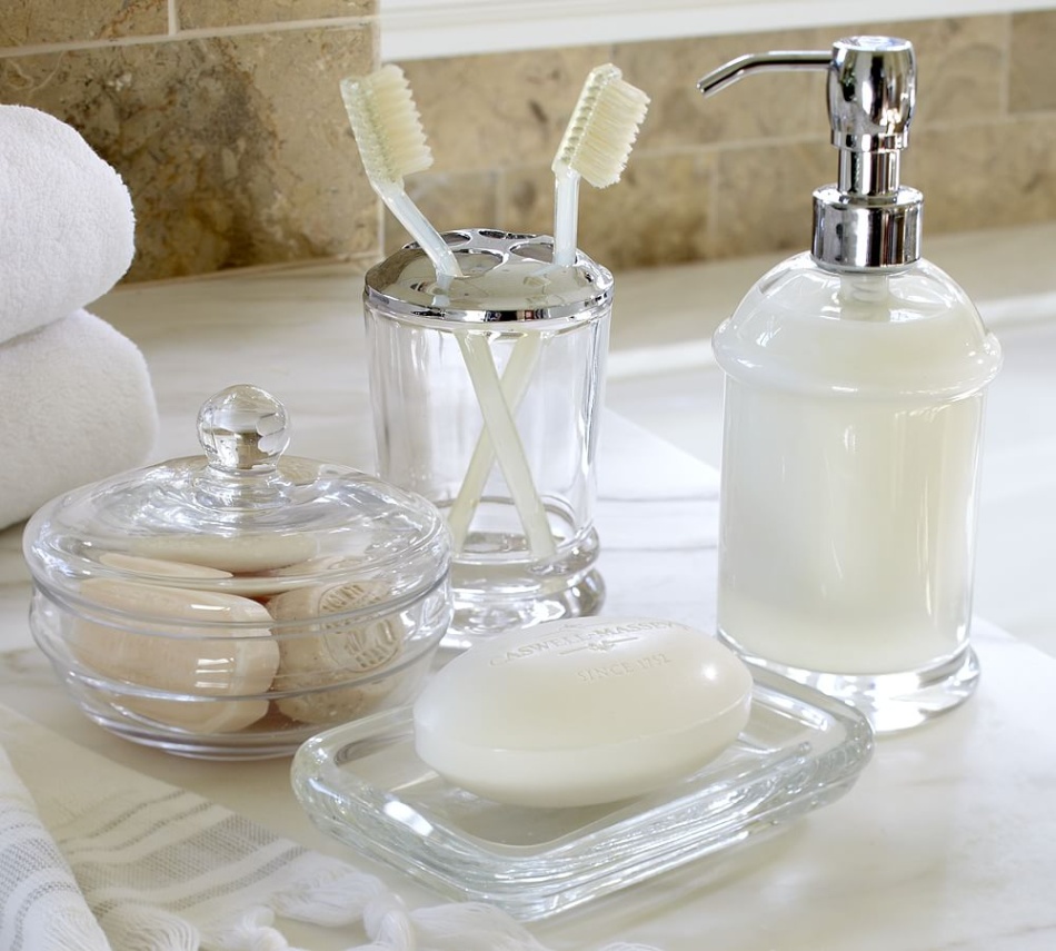 glass bathroom accessories Niche Utama Home Pottery Barn Classic Handcrafted Glass Bathroom Accessories